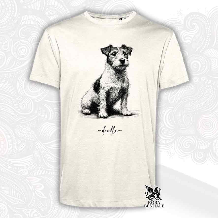 T-shirt beige stampata con un Jack Russell Terrier, grafica Doodle