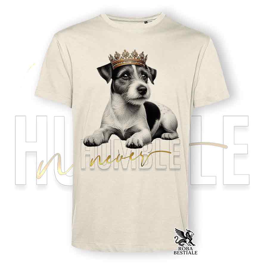 T-shirt stampata con un Jack Russell broken, colore beige con grafica Never Humble