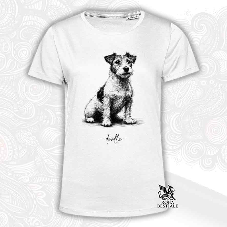 T-shirt bianca stampata con un Jack Russell Terrier, grafica Doodle