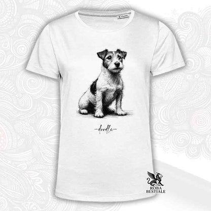 T-shirt bianca stampata con un Jack Russell Terrier, grafica Doodle