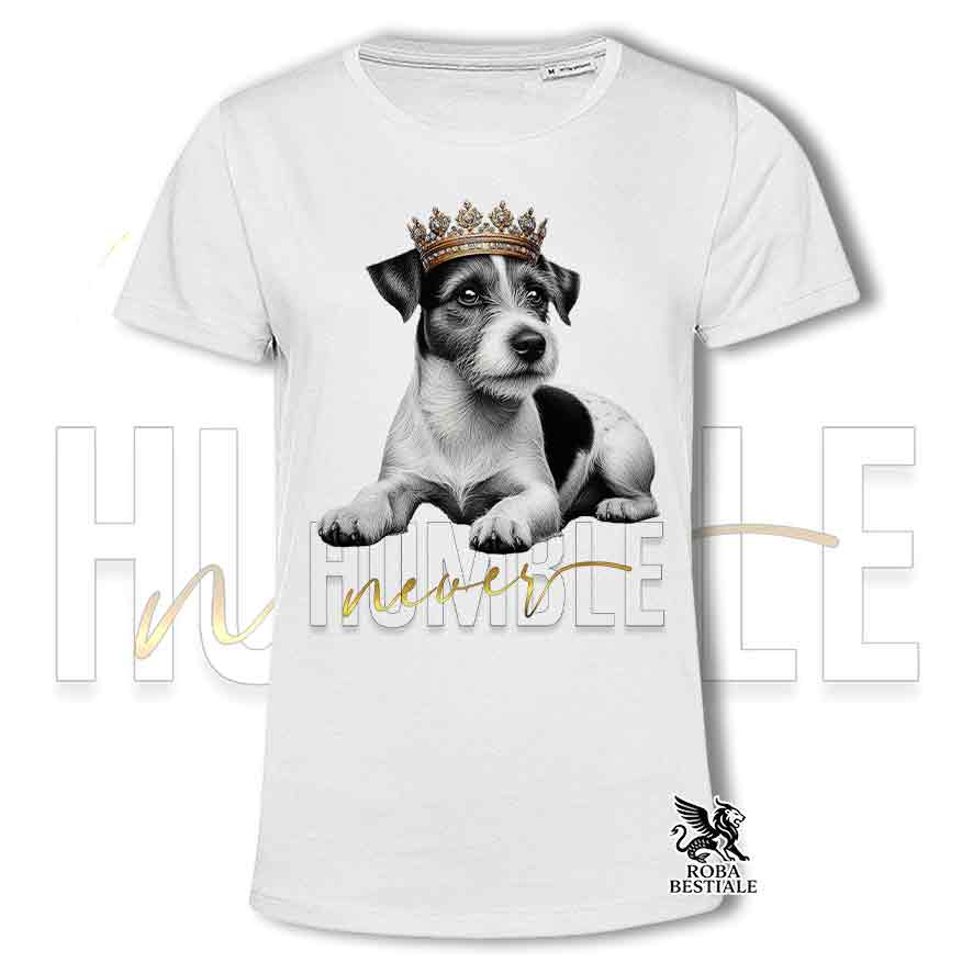 T-shirt stampata con un Jack Russell broken, colore bianco con grafica Never Humble
