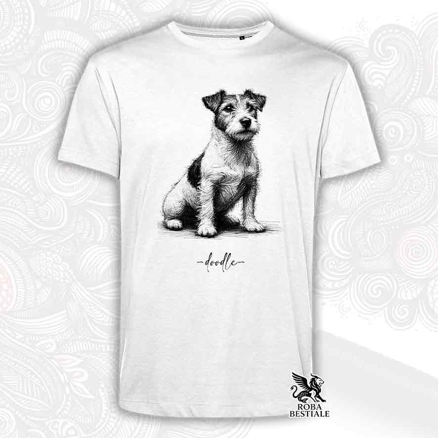 T-shirt bianca stampata con un Jack Russell Terrier, grafica Doodle