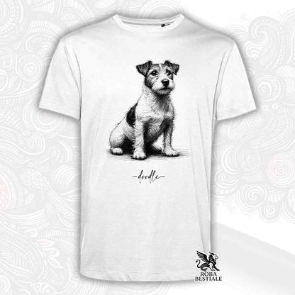 T-shirt bianca stampata con un Jack Russell Terrier, grafica Doodle