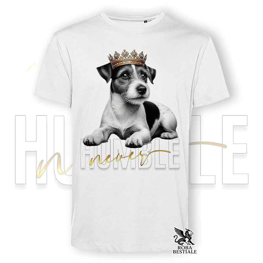 T-shirt stampata con un Jack Russell broken, colore bianco con grafica Never Humble