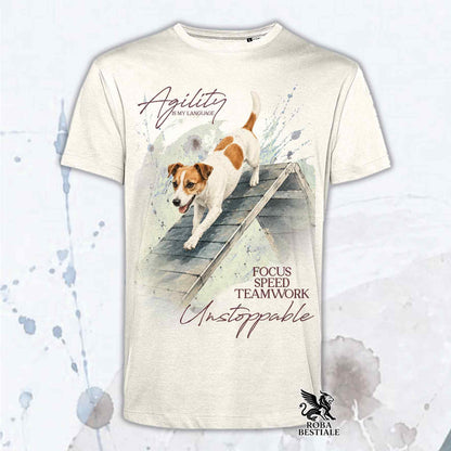 T-shirt beige stampata con un Jack Russell Terrier che fa Agility. Grafica originale Roba Bestiale, collezione A-Frame