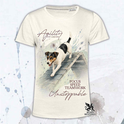 T-shirt beige stampata con un Jack Russell Terrier che fa Agility. Grafica originale Roba Bestiale, collezione A-Frame