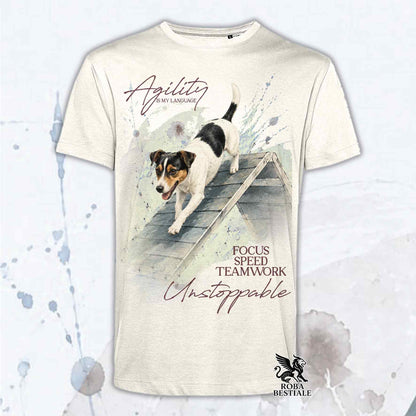 T-shirt beige stampata con un Jack Russell Terrier che fa Agility. Grafica originale Roba Bestiale, collezione A-Frame