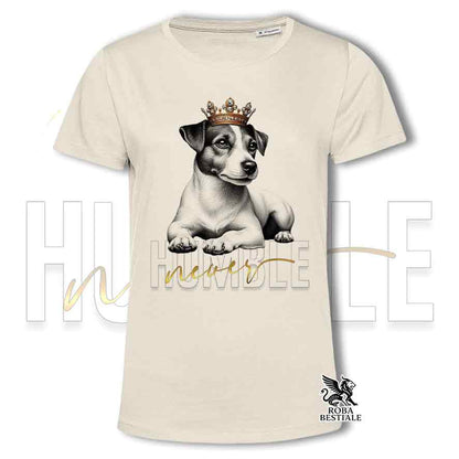 T-shirt stampata con un Jack Russell Terrier a pelo liscio, colore beige con grafica Never Humble