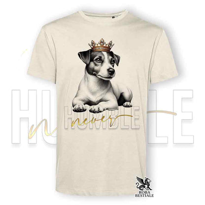 T-shirt stampata con un Jack Russell Terrier a pelo liscio, colore beige con grafica Never Humble