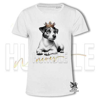 T-shirt stampata con un Jack Russell Terrier a pelo liscio, colore bianco con grafica Never Humble