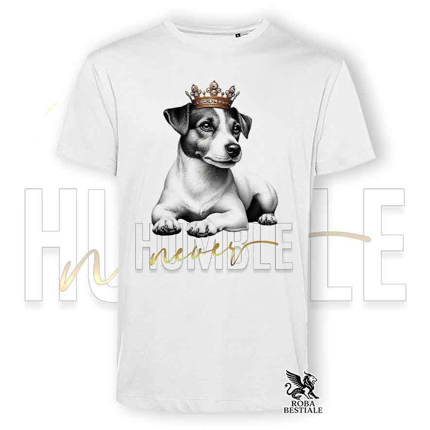 T-shirt stampata con un Jack Russell Terrier a pelo liscio, colore bianco con grafica Never Humble