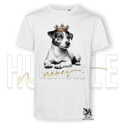 T-shirt stampata con un Jack Russell Terrier a pelo liscio, colore bianco con grafica Never Humble