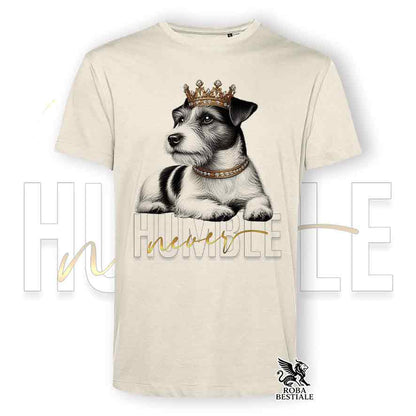 T-shirt stampata con un Jack Russell a pelo ruvido, colore beige con grafica Never Humble
