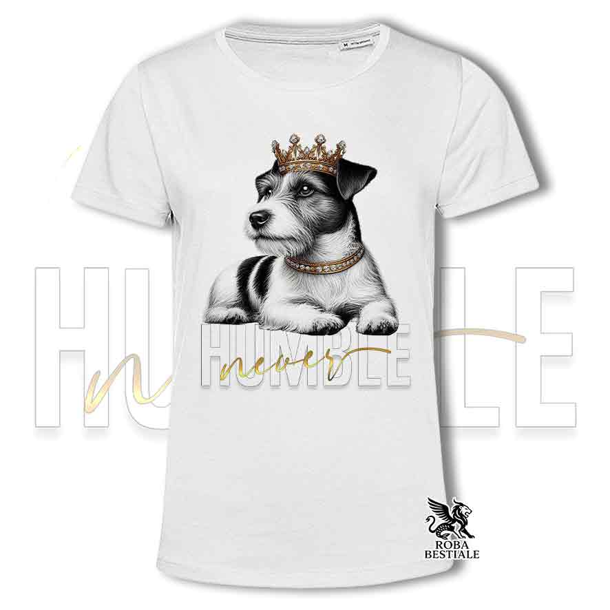 T-shirt stampata con un Jack Russell a pelo ruvido, colore bianco con grafica Never Humble