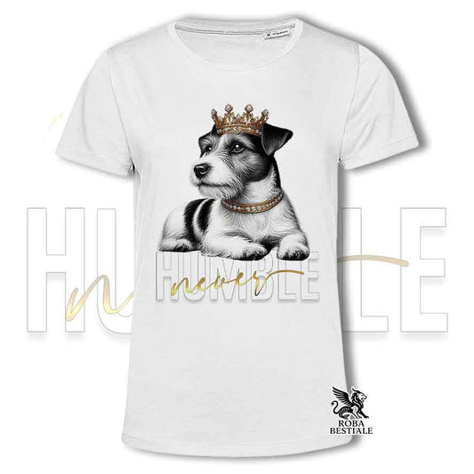 T-shirt stampata con un Jack Russell a pelo ruvido, colore bianco con grafica Never Humble
