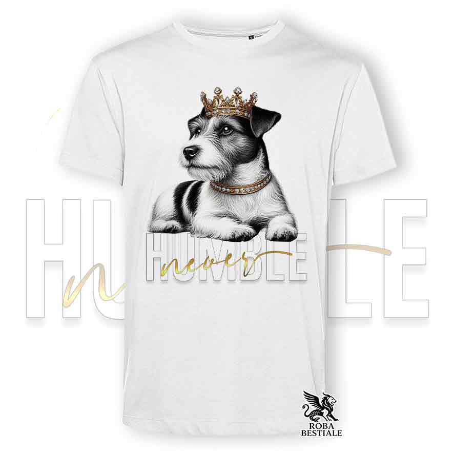 T-shirt stampata con un Jack Russell a pelo ruvido, colore bianco con grafica Never Humble