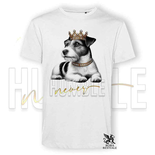T-shirt stampata con un Jack Russell a pelo ruvido, colore bianco con grafica Never Humble