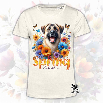 Una t-shirt beige stampata con un Kangal immerso in fiori colorati. Collezione Spring Love di Roba Bestiale