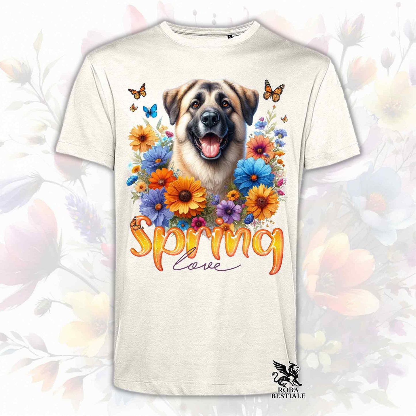 Una t-shirt beige stampata con un Kangal immerso in fiori colorati. Collezione Spring Love di Roba Bestiale