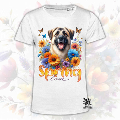 Una t-shirt bianca stampata con un Kangal immerso in fiori colorati. Collezione Spring Love di Roba Bestiale