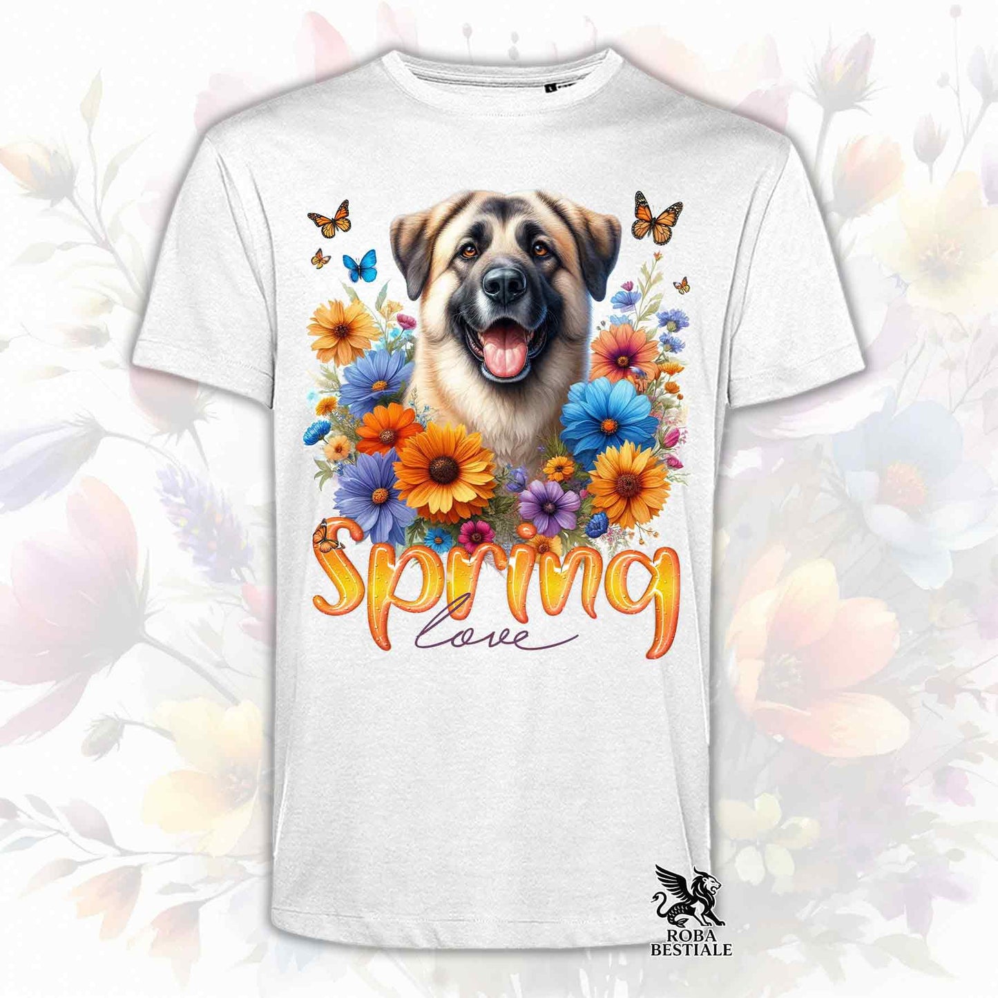 Una t-shirt bianca stampata con un Kangal immerso in fiori colorati. Collezione Spring Love di Roba Bestiale