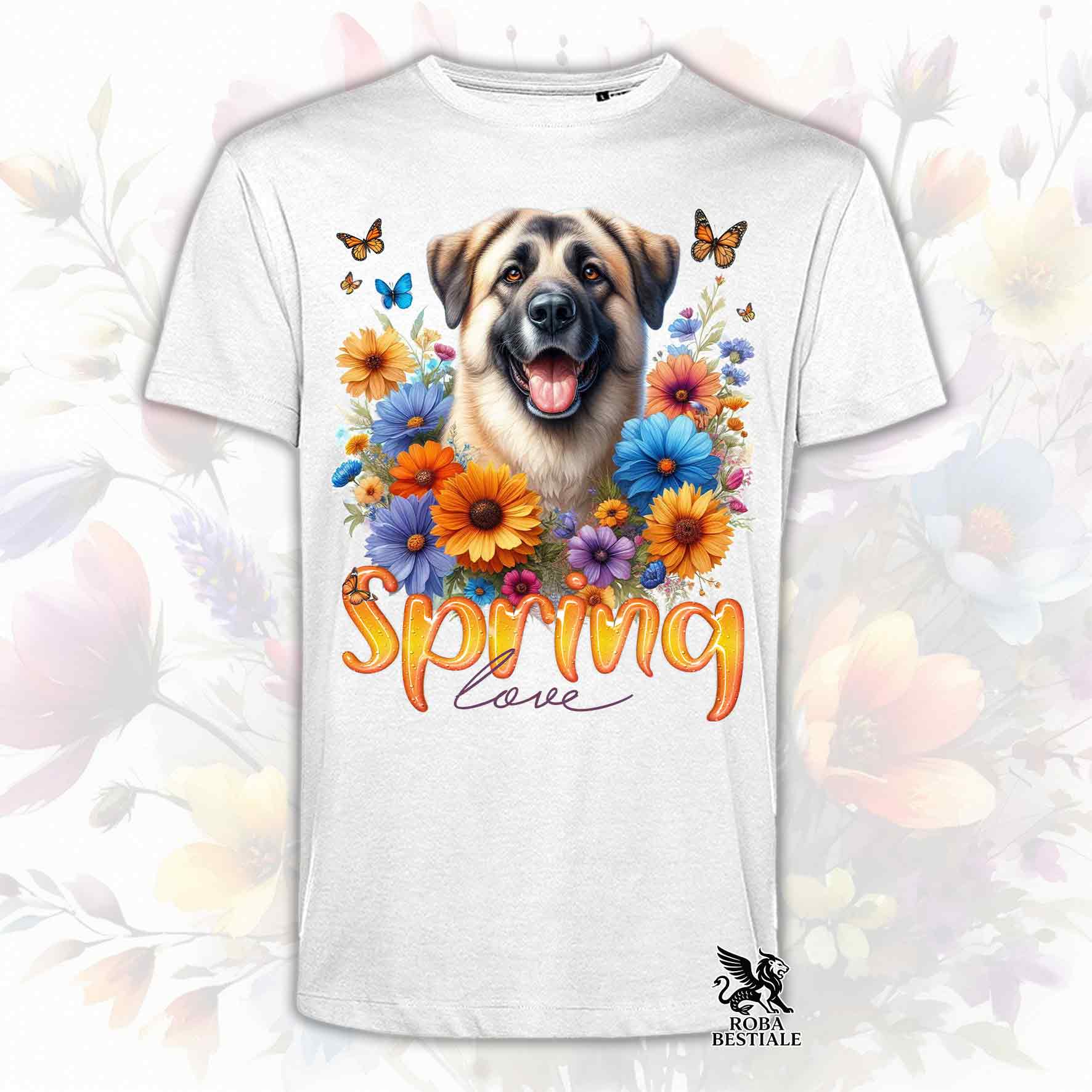 Una t-shirt bianca stampata con un Kangal immerso in fiori colorati. Collezione Spring Love di Roba Bestiale