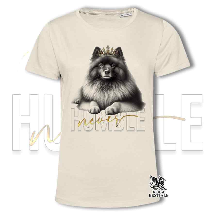T-shirt beige stampata con un Keeshond, grafica Never Humble