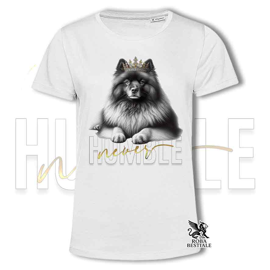 T-shirt bianca stampata con un Keeshond, grafica Never Humble