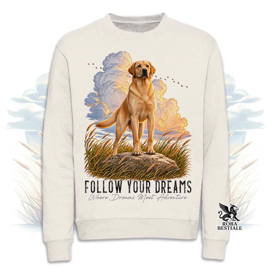 Winter Sweatshirt QUOTES "DREAM" - Yellow LABRADOR RETRIEVER - Crew Neck, Unisex - Off White, White or Grey - from XS to 3XL