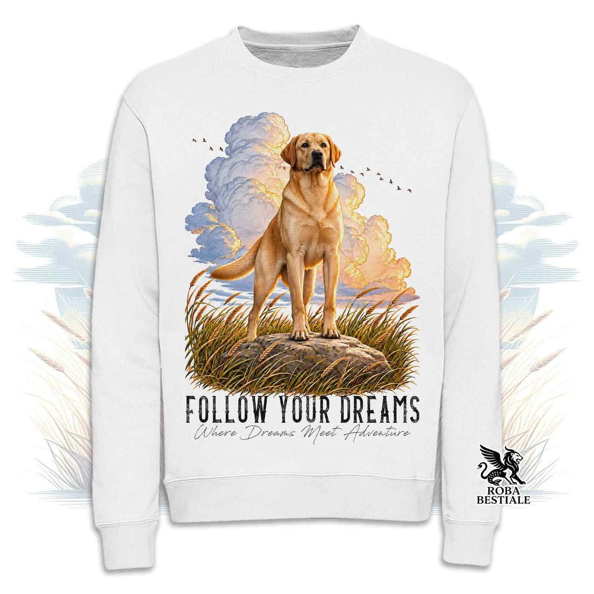 Sweat-shirt d'hiver QUOTES "DREAM" - LABRADOR RETRIEVER Jaune - Col rond, Unisexe - Off White, Blanc ou Gris - du XS au 3XL