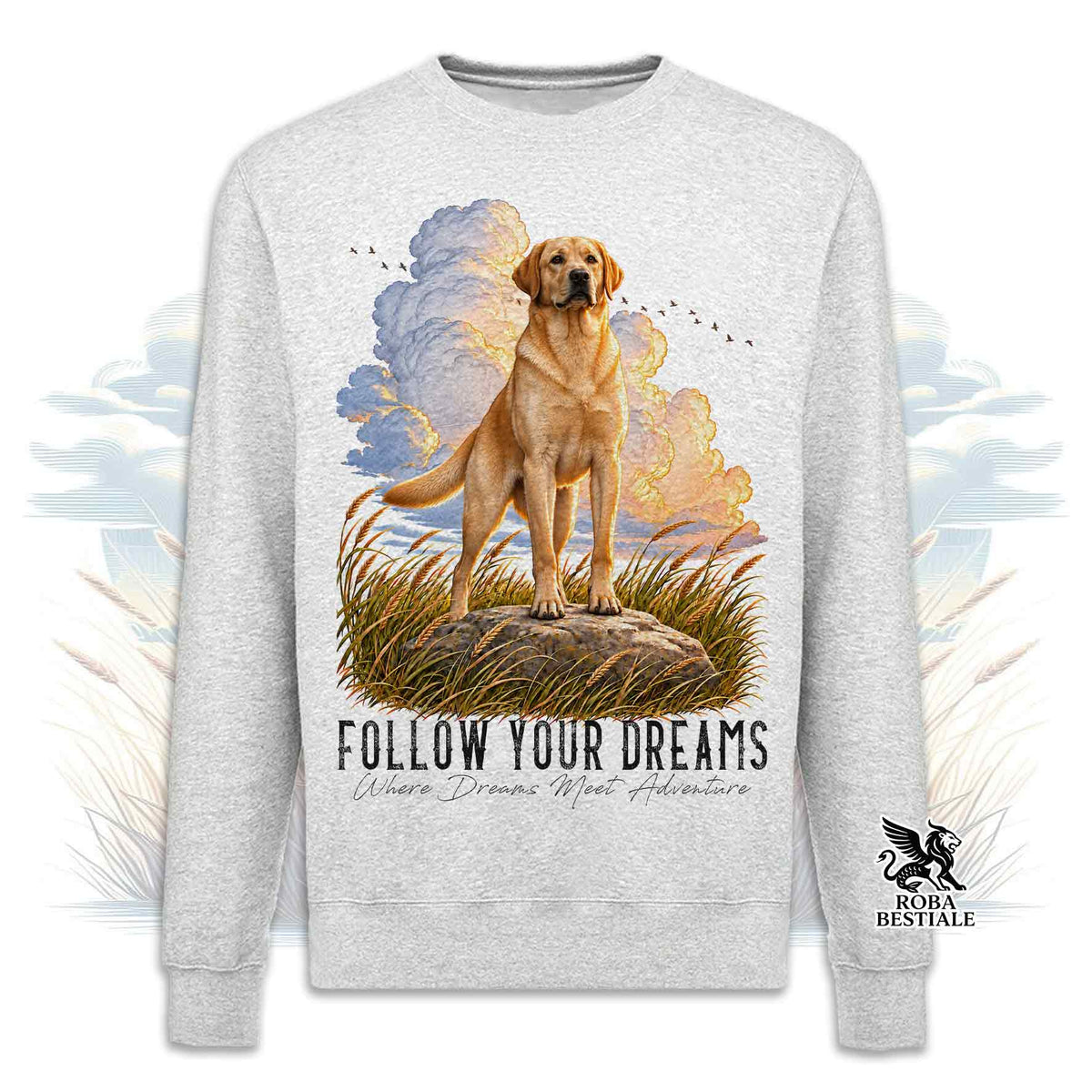 Sweat-shirt d'hiver QUOTES "DREAM" - LABRADOR RETRIEVER Jaune - Col rond, Unisexe - Off White, Blanc ou Gris - du XS au 3XL