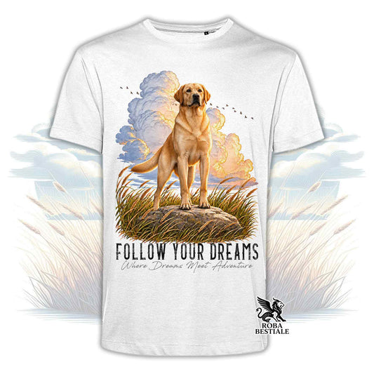 T-shirt bianca con stampa Labrador retriever e scritta “Follow your dreams”