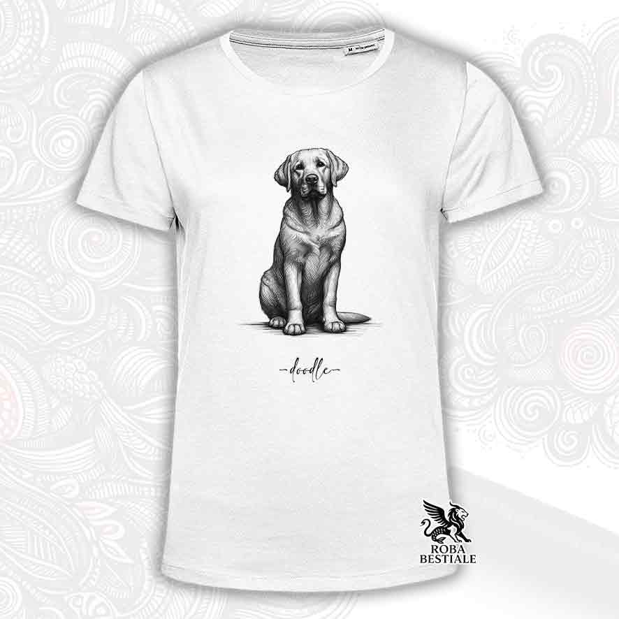 T-shirt bianca stampata con un Labrador Retriever, grafica Doodle