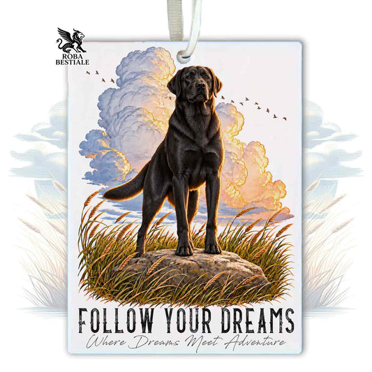 Car Air Freshener QUOTES "DREAM" - Black LABRADOR RETRIEVER - Felt, with cord - 7.5 x 10 cm