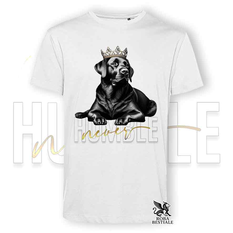 T-shirt stampata con un Labrador nero, colore bianco con grafica Never Humble