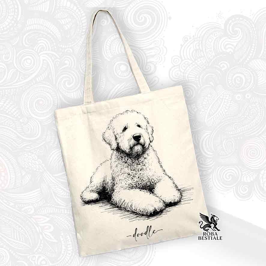 Tote bag beige stampata con un Lagotto Romagnolo, grafica Doodle