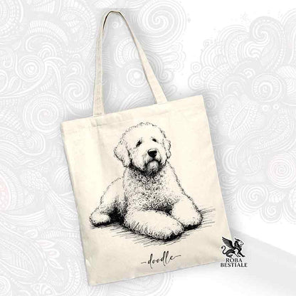 Tote bag beige stampata con un Lagotto Romagnolo, grafica Doodle