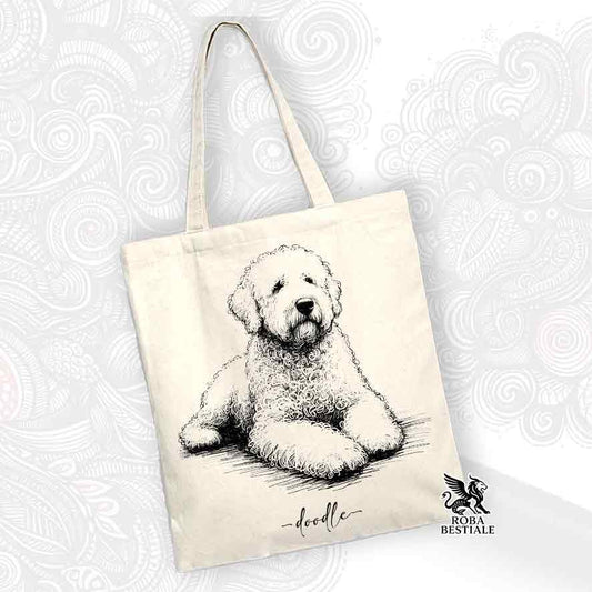 Tote bag beige stampata con un Lagotto Romagnolo, grafica Doodle