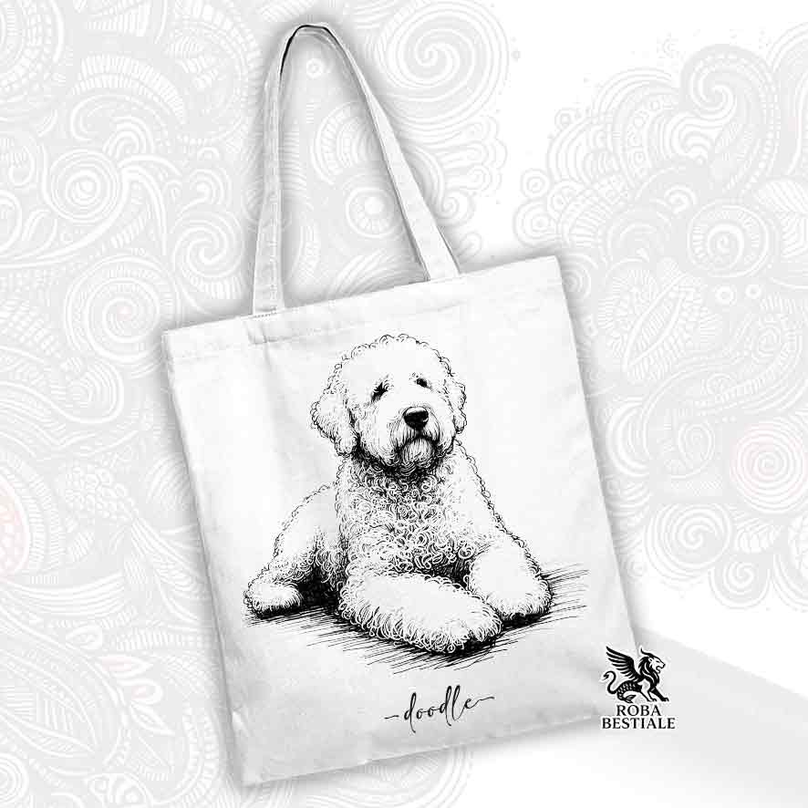 Tote bag bianca stampata con un Lagotto Romagnolo, grafica Doodle