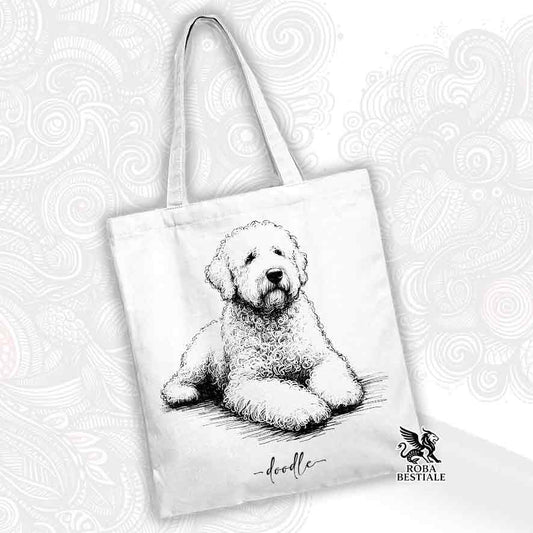 Tote bag bianca stampata con un Lagotto Romagnolo, grafica Doodle