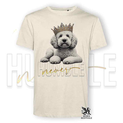 T-shirt stampata con un Lagotto Romagnolo bianco, colore beige con grafica Never Humble