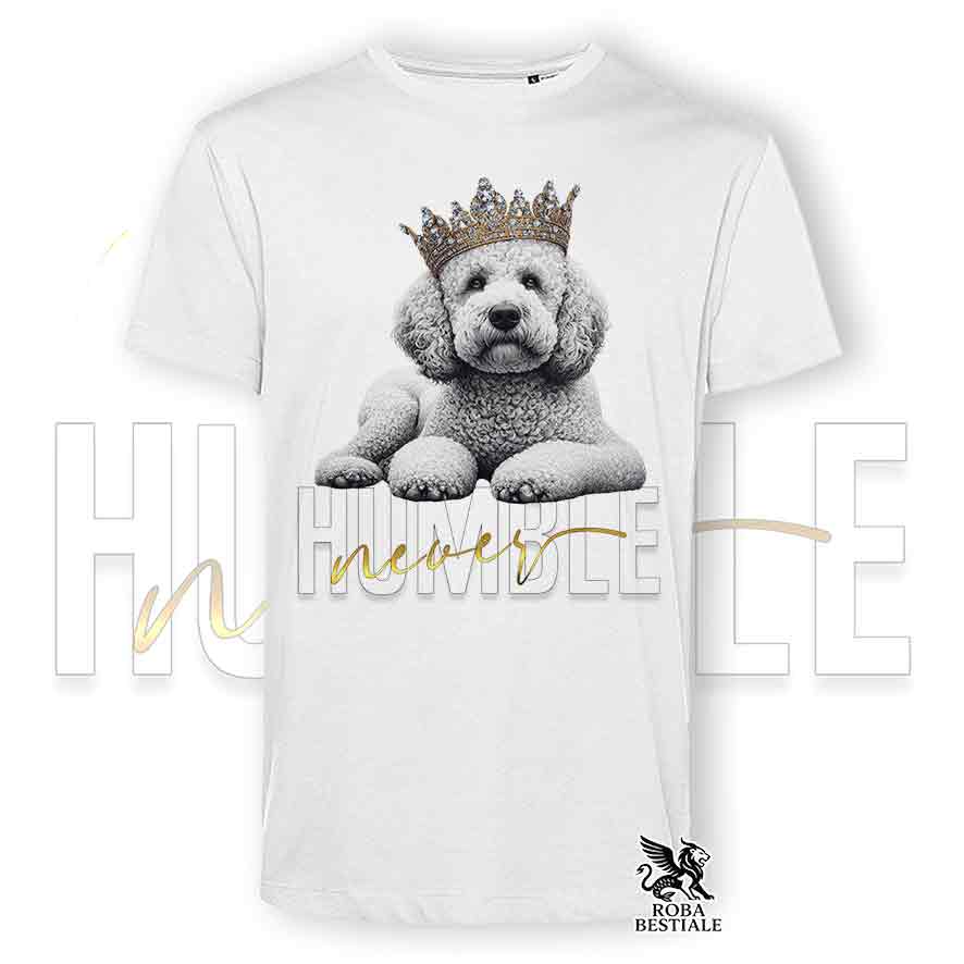 T-shirt stampata con un Lagotto Romagnolo bianco, colore bianco con grafica Never Humble