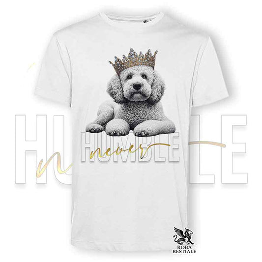 T-shirt stampata con un Lagotto Romagnolo bianco, colore bianco con grafica Never Humble