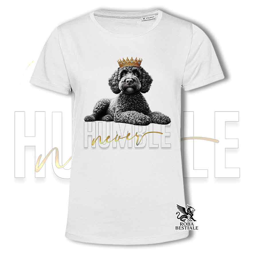 T-shirt stampata con un Lagotto Romagnolo marrone, colore bianco con grafica Never Humble
