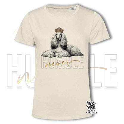 T-shirt stampata con un Levriero Afgano, colore beige con grafica Never Humble