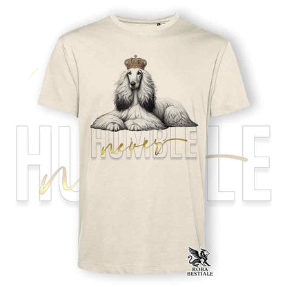 T-shirt stampata con un Levriero Afgano, colore beige con grafica Never Humble