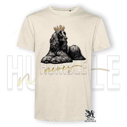 T-shirt stampata con un Levriero Afgano, colore beige con grafica Never Humble