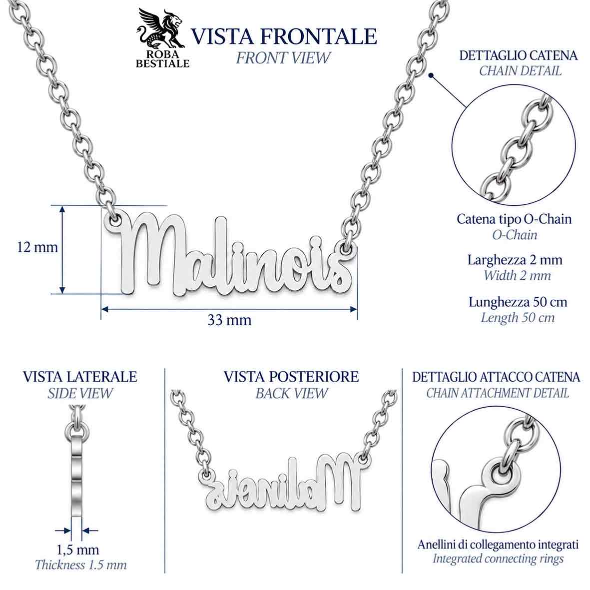 Collier KIRA PET JEWELRY - MALINOIS - En acier inoxydable avec chaîne à mailles fines