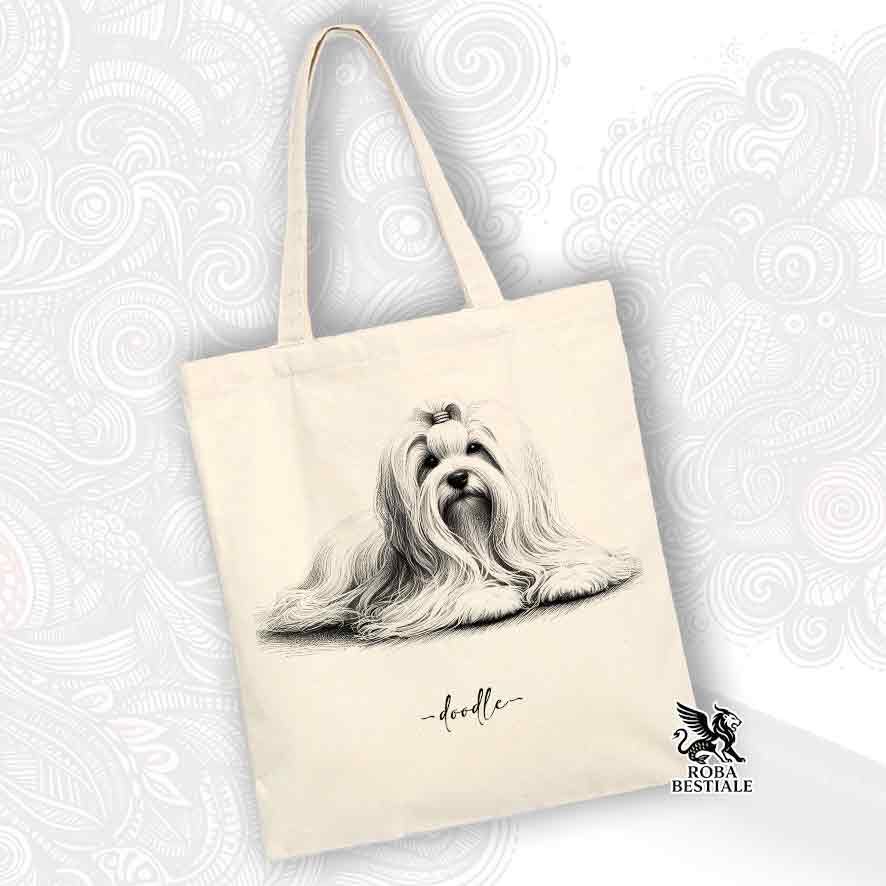 Tote bag beige stampata con un Maltese, grafica Doodle