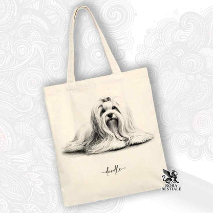 Tote bag beige stampata con un Maltese, grafica Doodle